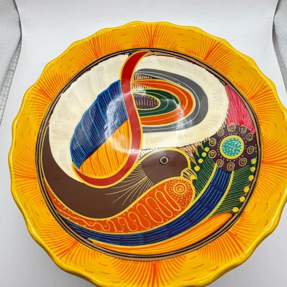Art Pottery Scalloped Bowl Vintage Mexican Folk Art Hand Painted Bird Motif 10
